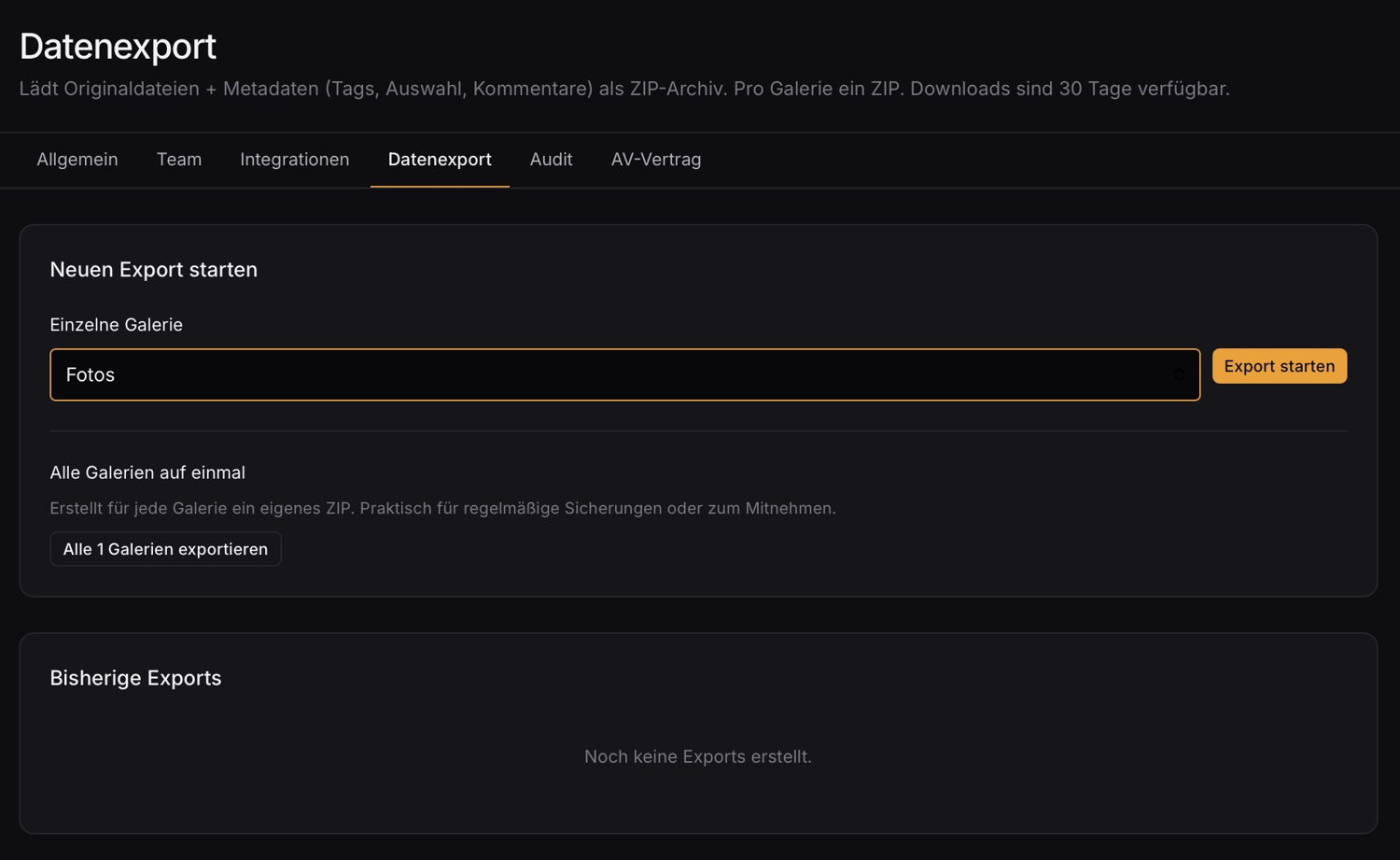 Data export: originals plus metadata as a ZIP per gallery