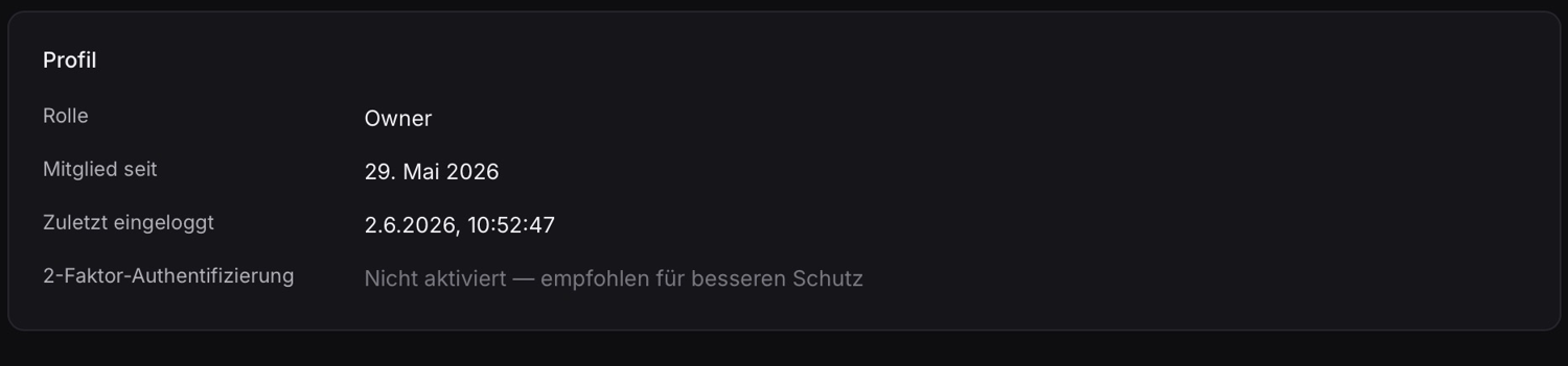 Account profile with the status of two-factor authentication