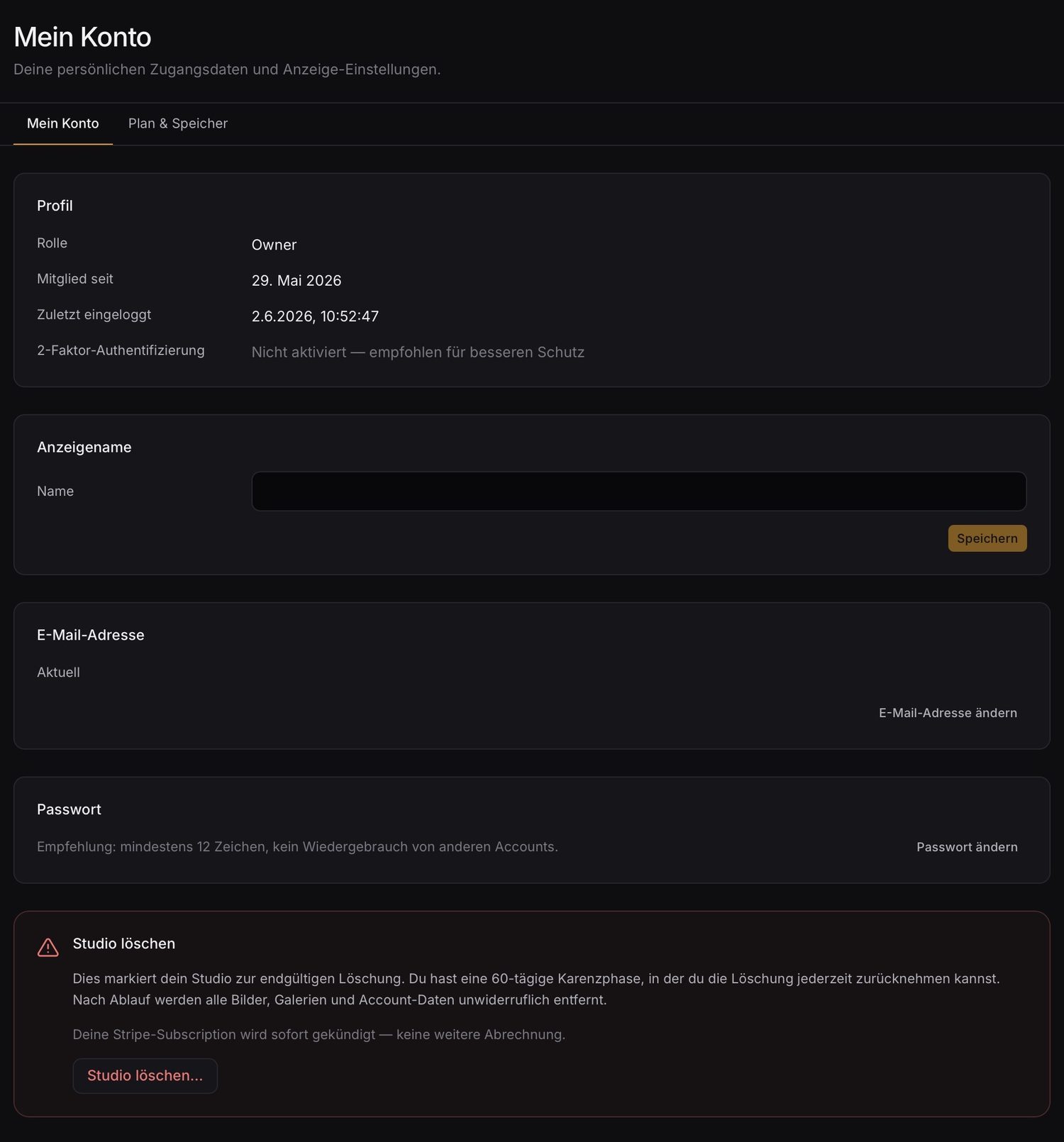 Account settings with role, two-factor authentication and deletion protection
