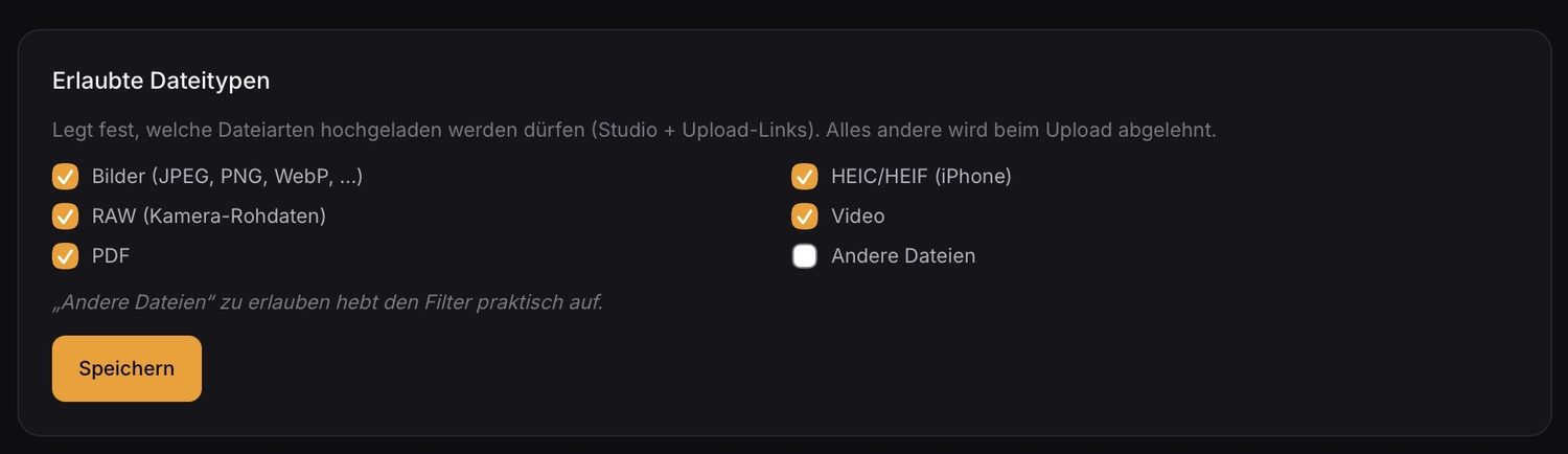 Allowed file types incl. RAW, HEIC and video