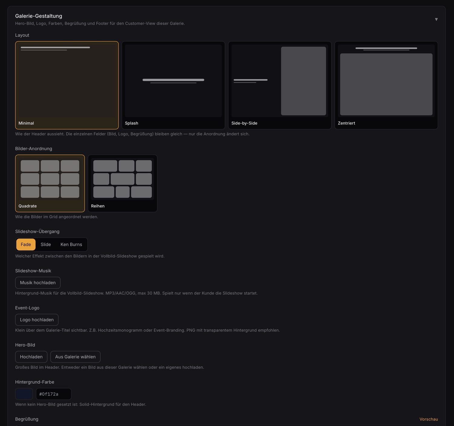 Gallery design with layout and arrangement options