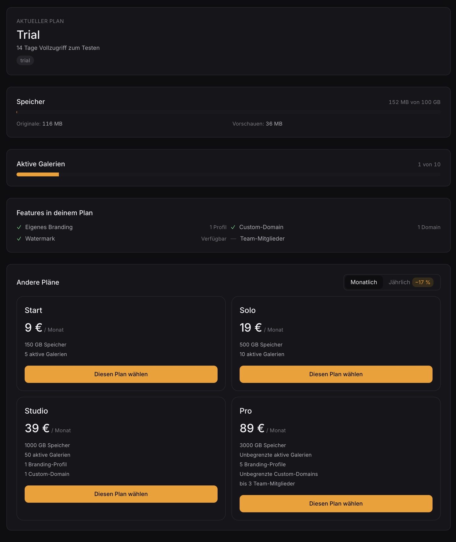 Overview of the Start, Solo, Studio and Pro plans