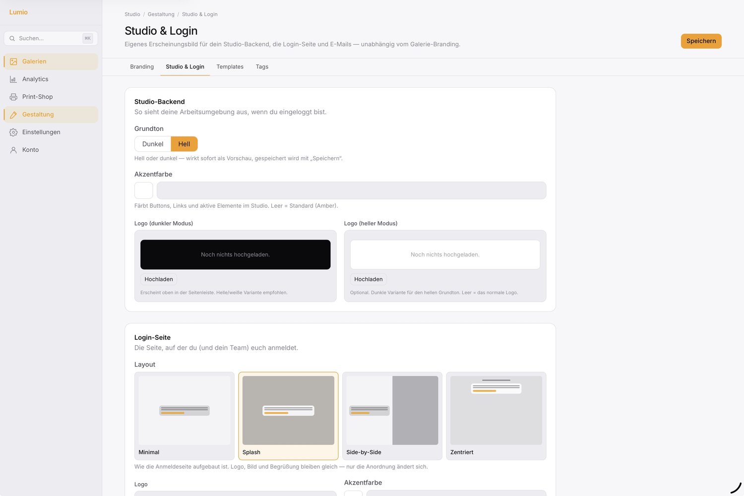 Studio backend in light mode with a dark/light base-tone switch